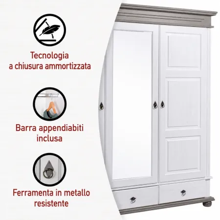 Armadio Camera da Letto 3 Ante con Specchio in Legno Bianco Grigio