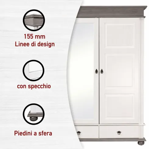 Armadio Camera da Letto 3 Ante con Specchio in Legno Bianco Grigio