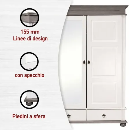 Armadio Camera da Letto 3 Ante con Specchio in Legno Bianco Grigio