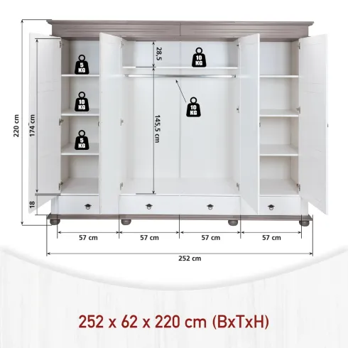 Armadio Camera da Letto 4 Ante Specchi 4 Cassetti Legno Bianco Grigio