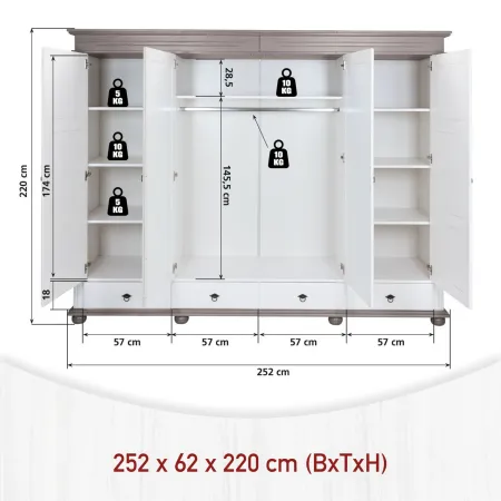 Armadio Camera da Letto 4 Ante Specchi 4 Cassetti Legno Bianco Grigio