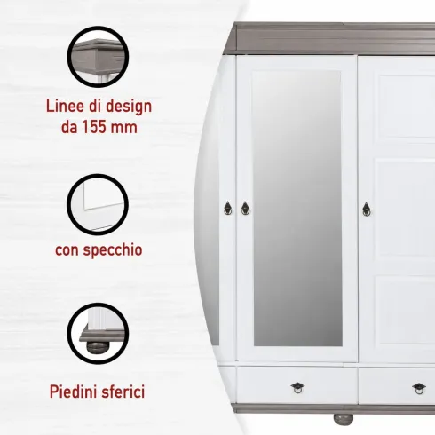 Armadio Camera da Letto 4 Ante Specchi 4 Cassetti Legno Bianco Grigio
