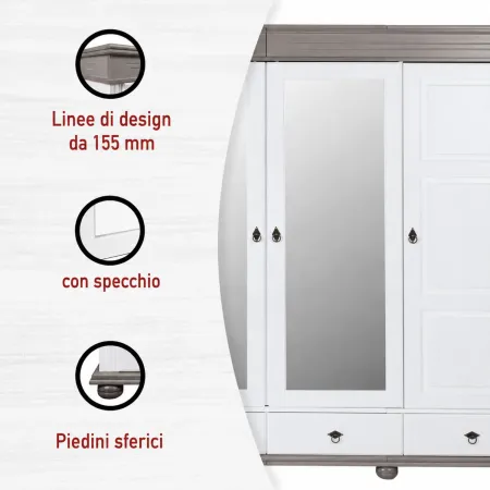 Armadio Camera da Letto 4 Ante Specchi 4 Cassetti Legno Bianco Grigio