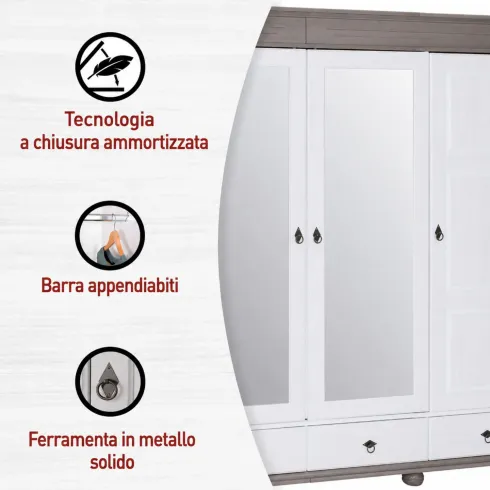 Armadio Camera da Letto 4 Ante Specchi 4 Cassetti Legno Bianco Grigio
