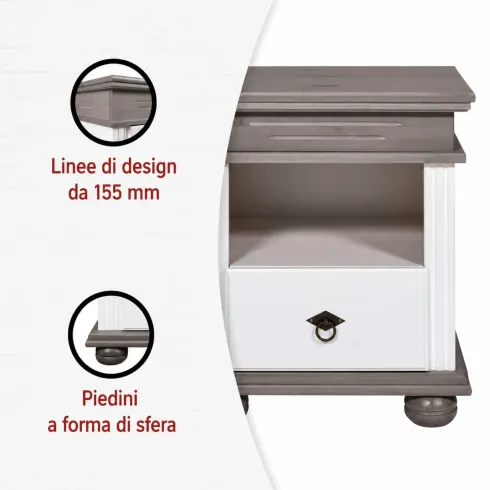 Comodino con Cassetto per Camera da Letto in Legno Bianco Grigio