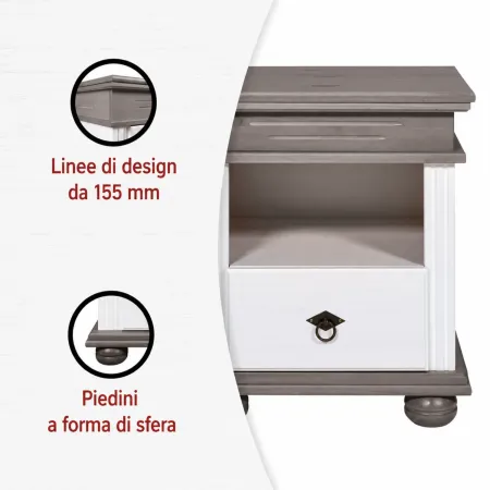 Comodino con Cassetto per Camera da Letto in Legno Bianco Grigio