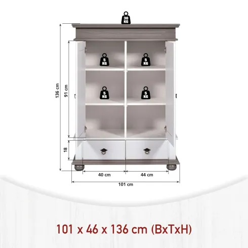 Armadio a 2 Ante con 2 Cassetti Camera da Letto in Legno Bianco Grigio