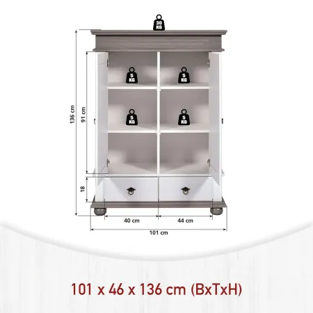 Armadio a 2 Ante con 2 Cassetti Camera da Letto in Legno Bianco Grigio
