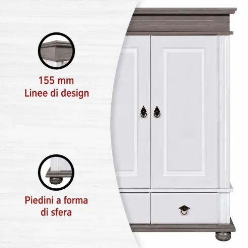 Armadio a 2 Ante con 2 Cassetti Camera da Letto in Legno Bianco Grigio