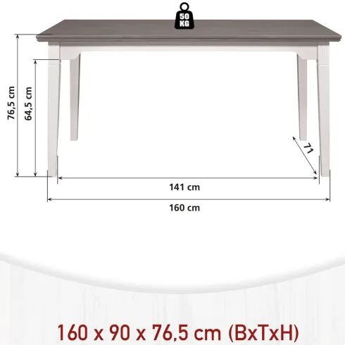 Tavolo da Pranzo Bianco Grigio 160x90x77 cm in Legno Massello