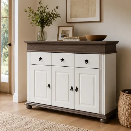 Credenza da Cucina in Legno Massello Bianco Grigio 3 Ante 3 Cassetti