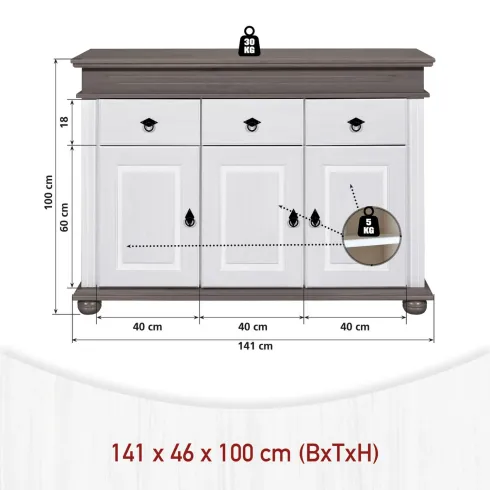 Credenza da Cucina in Legno Massello Bianco Grigio 3 Ante 3 Cassetti