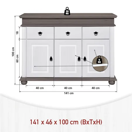 Credenza da Cucina in Legno Massello Bianco Grigio 3 Ante 3 Cassetti
