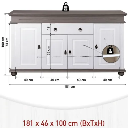 Madia 4 Ante con Cassetto Legno Bianco Grigio Credenza da Soggiorno
