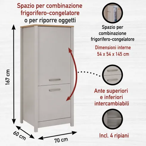 Colonna Cucina per Frigo Freezer Mobile Beige Rovere 2 Ante Reversibili