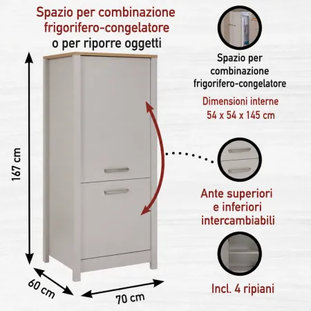 Colonna Cucina per Frigo Freezer Mobile Beige Rovere 2 Ante Reversibili