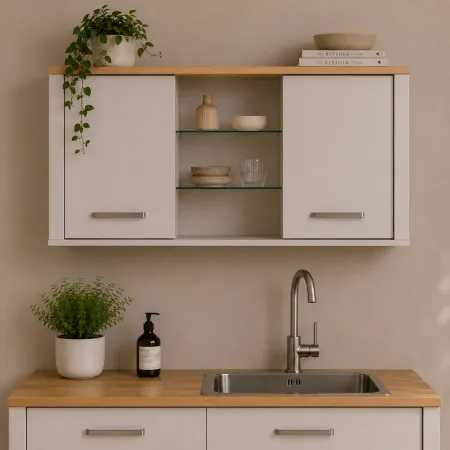 Pensile Cucina Beige Rovere con Ripiani in Vetro 2 Ante 130x33x57,5 cm
