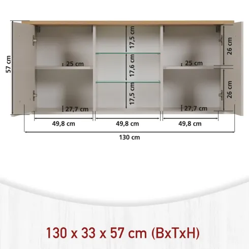 Pensile Cucina Beige Rovere con Ripiani in Vetro 2 Ante 130x33x57,5 cm