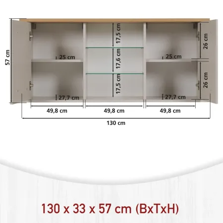 Pensile Cucina Beige Rovere con Ripiani in Vetro 2 Ante 130x33x57,5 cm