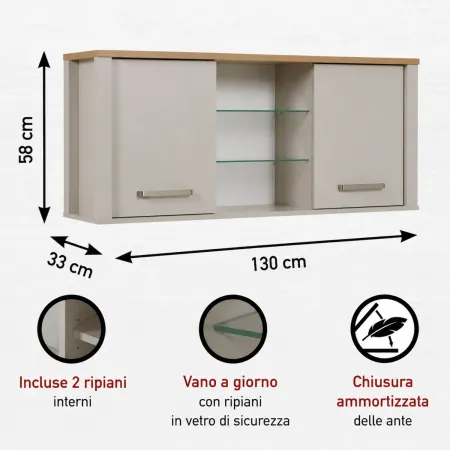 Pensile Cucina Beige Rovere con Ripiani in Vetro 2 Ante 130x33x57,5 cm