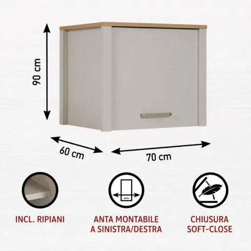 Pensile Cucina Singolo Beige Rovere con Anta Soft-Close 70x60x60,5 cm