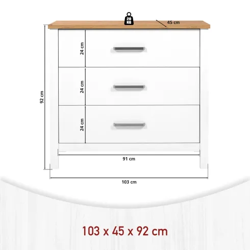Cassettiera 3 Cassetti Soft-Close Bianco Rovere per Camera da Letto