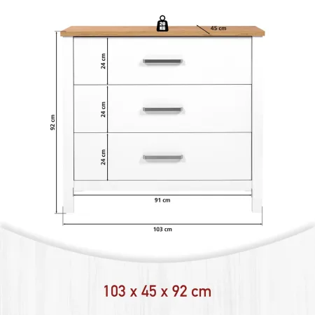 Cassettiera 3 Cassetti Soft-Close Bianco Rovere per Camera da Letto