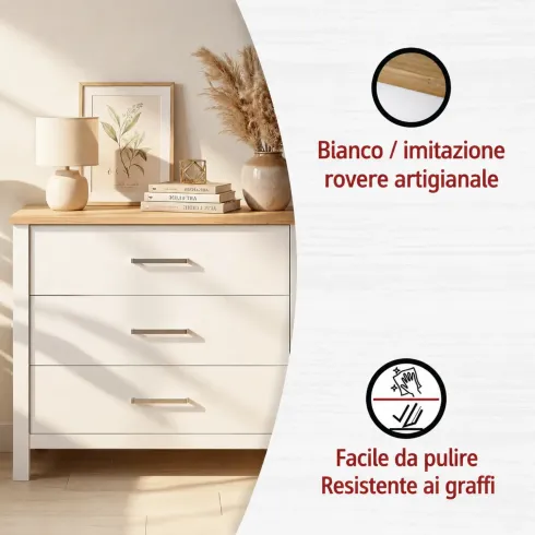 Cassettiera 3 Cassetti Soft-Close Bianco Rovere per Camera da Letto