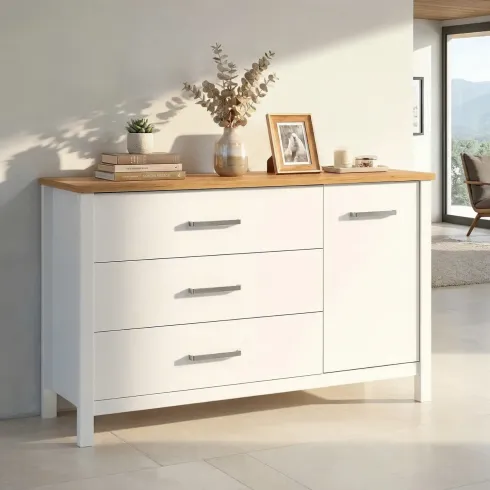 Madia Credenza 3 Cassetti 1 Anta Bianco Rovere Camera Soggiorno