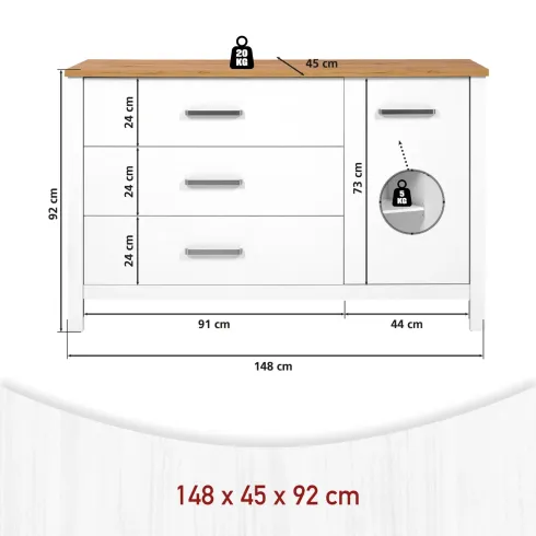 Madia Credenza 3 Cassetti 1 Anta Bianco Rovere Camera Soggiorno