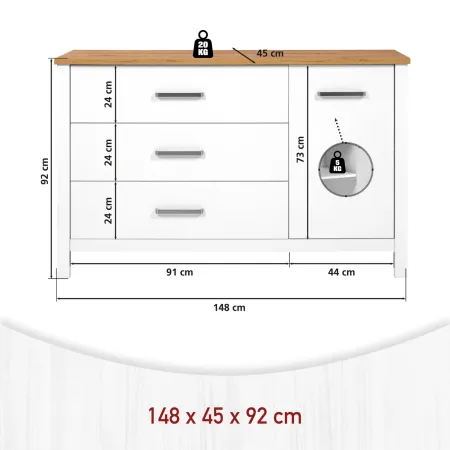 Madia Credenza 3 Cassetti 1 Anta Bianco Rovere Camera Soggiorno