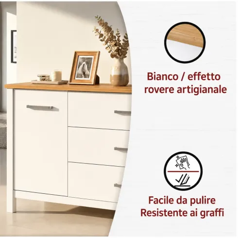 Madia Credenza 3 Cassetti 1 Anta Bianco Rovere Camera Soggiorno