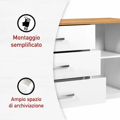 Madia Credenza 3 Cassetti 1 Anta Bianco Rovere Camera Soggiorno