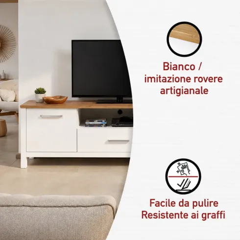 Mobile Porta TV da Appoggio 1 Cassetto 2 Ante Bianco Rovere Soggiorno