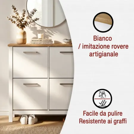 Mobile Scarpiera da Ingresso Salvaspazio 4 Ante Ribalta Bianco Rovere