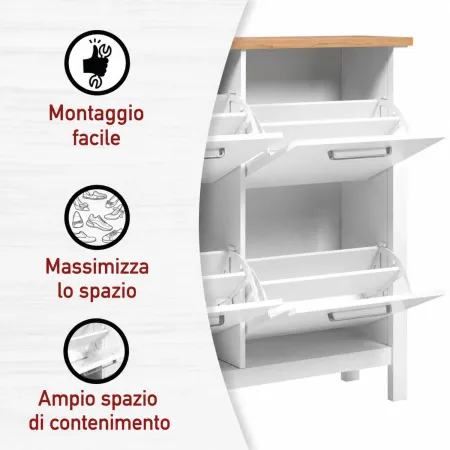 Mobile Scarpiera da Ingresso Salvaspazio 4 Ante Ribalta Bianco Rovere