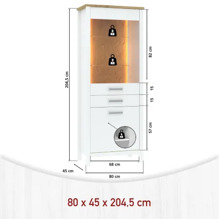 Vetrina 1 Anta 2 Cassetti da Soggiorno Ripiani in Vetro Bianco Rovere