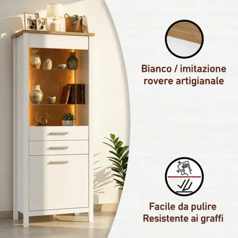 Vetrina 1 Anta 2 Cassetti da Soggiorno Ripiani in Vetro Bianco Rovere