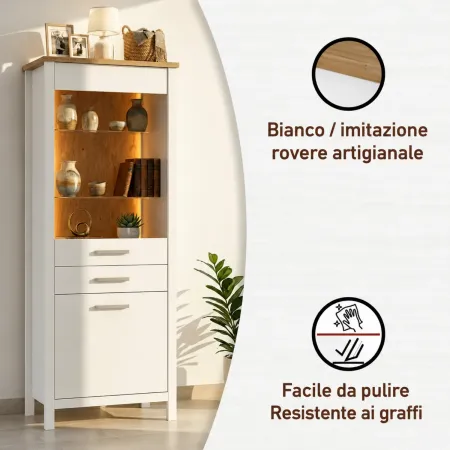Vetrina 1 Anta 2 Cassetti da Soggiorno Ripiani in Vetro Bianco Rovere