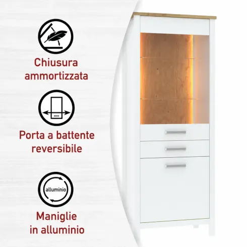 Vetrina 1 Anta 2 Cassetti da Soggiorno Ripiani in Vetro Bianco Rovere