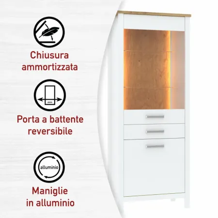 Vetrina 1 Anta 2 Cassetti da Soggiorno Ripiani in Vetro Bianco Rovere