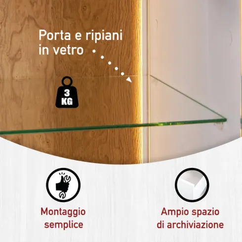 Vetrina 1 Anta 2 Cassetti da Soggiorno Ripiani in Vetro Bianco Rovere