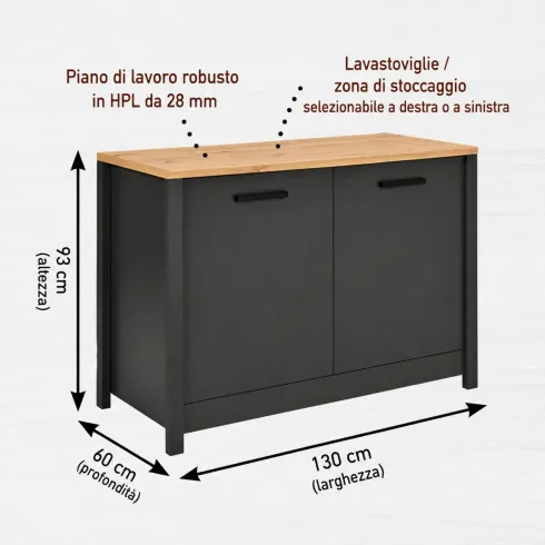 Mobile Cucina Sottolavello Lavastoviglie Antracite Rovere 130x60x92 cm