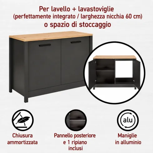 Mobile Cucina Sottolavello Lavastoviglie Antracite Rovere 130x60x92 cm