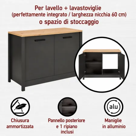 Mobile Cucina Sottolavello Lavastoviglie Antracite Rovere 130x60x92 cm