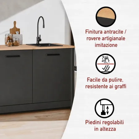 Mobile Cucina Sottolavello Lavastoviglie Antracite Rovere 130x60x92 cm