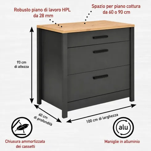 Mobile Base per Cucina Piano Cottura con 3 Cassetti Antracite Rovere