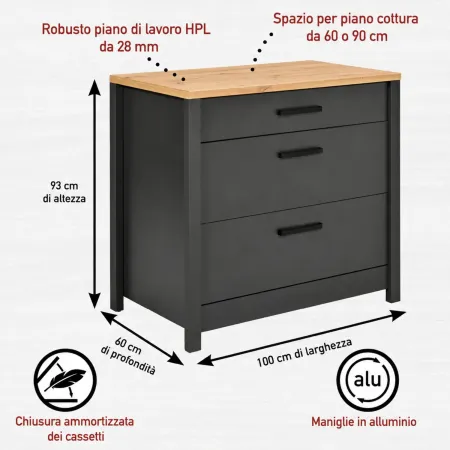 Mobile Base per Cucina Piano Cottura con 3 Cassetti Antracite Rovere