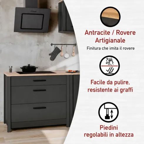 Mobile Base per Cucina Piano Cottura con 3 Cassetti Antracite Rovere
