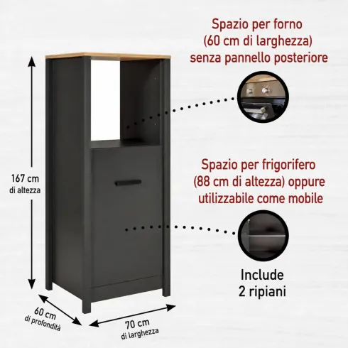 Colonna Cucina Frigo Forno Mobile Antracite Rovere Anta Reversibile